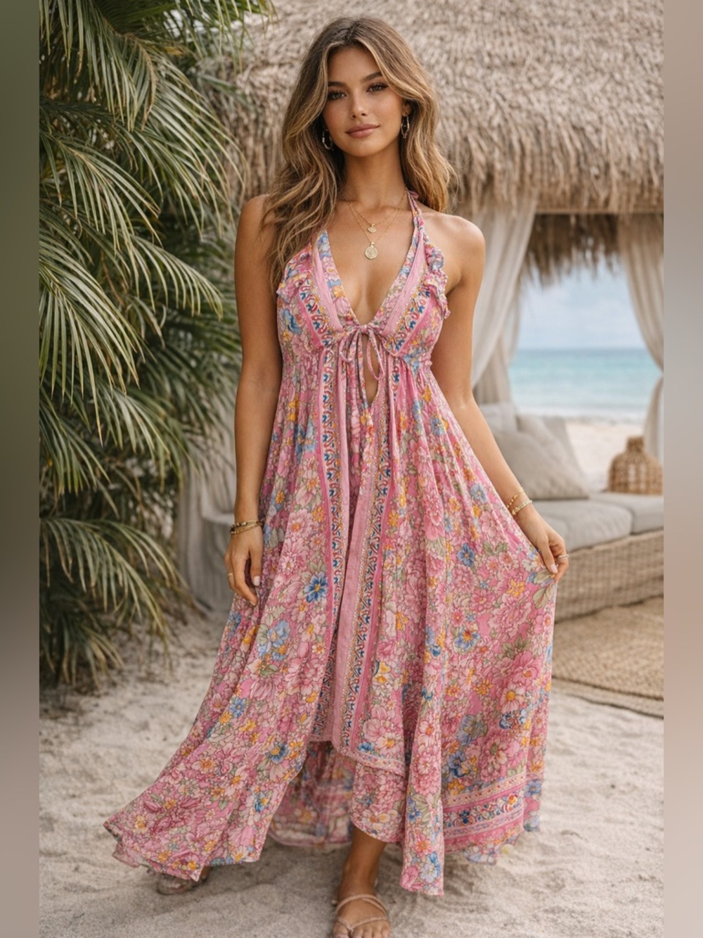 nuage Bleu Maui Pink Floral Halter Maxi Dress Boho Resort Tie Front Size S